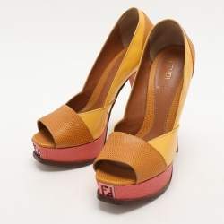 Fendi Tri Color Fendista Colorblock Lizard-Embossed Leather Peep Toe Platform Pumps Size 36