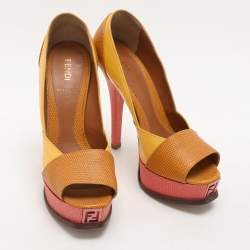 Fendi Tri Color Fendista Colorblock Lizard-Embossed Leather Peep Toe Platform Pumps Size 36