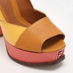 Fendi Tri Color Fendista Colorblock Lizard-Embossed Leather Peep Toe Platform Pumps Size 36