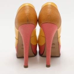 Fendi Tri Color Fendista Colorblock Lizard-Embossed Leather Peep Toe Platform Pumps Size 36