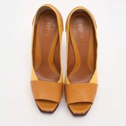 Fendi Tri Color Fendista Colorblock Lizard-Embossed Leather Peep Toe Platform Pumps Size 36