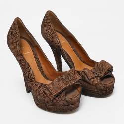 Fendi Brown/Black Textured Suede Bow Peep Toe Pumps Size 38