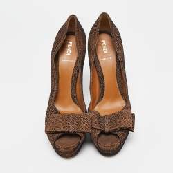 Fendi Brown/Black Textured Suede Bow Peep Toe Pumps Size 38