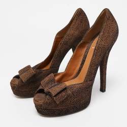 Fendi Brown/Black Textured Suede Bow Peep Toe Pumps Size 38