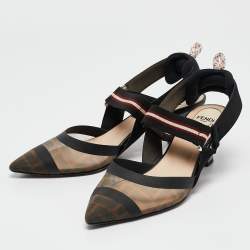 Pre Owned Fendi Brown/Black Zucca Mesh and Fabric Colibri Slingback Pumps Size 37.5