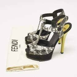 Fendi Multicolor Python Embossed Leather and Suede Animal Print T-Strap Sandals Size 38.5
