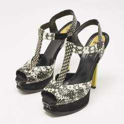 Fendi Multicolor Python Embossed Leather and Suede Animal Print T-Strap Sandals Size 38.5