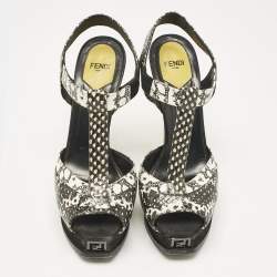 Fendi Multicolor Python Embossed Leather and Suede Animal Print T-Strap Sandals Size 38.5