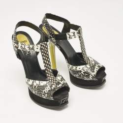 Fendi Multicolor Python Embossed Leather and Suede Animal Print T-Strap Sandals Size 38.5