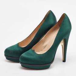 Fendi Dark Green Satin Bridge Heel Platform Pumps Size 38