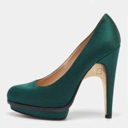 Fendi Dark Green Satin Bridge Heel Platform Pumps Size 38