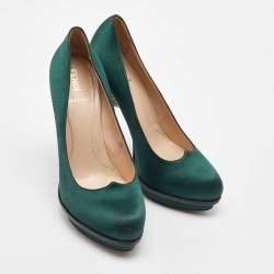 Fendi Dark Green Satin Bridge Heel Platform Pumps Size 38