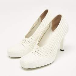 Pre Owned Fendi White Woven Fabric Square Pumps Size 39