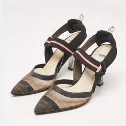 Fendi Brown Zucca Mesh and Canvas Colibri Slingback Pumps Size 39