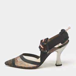 Fendi Brown Zucca Mesh and Canvas Colibri Slingback Pumps Size 39
