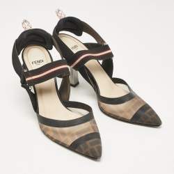 Fendi Brown Zucca Mesh and Canvas Colibri Slingback Pumps Size 39