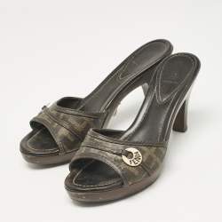 Fendi Brown Zucca Coated Canvas and Leather Platform Slide Sandals Size 38