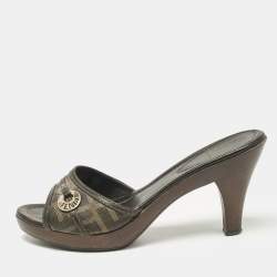 Fendi Brown Zucca Coated Canvas and Leather Platform Slide Sandals Size 38