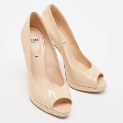 Pre Owned Fendi Beige Patent Leather Platform Peep Toe  Pumps Size 36