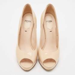Pre Owned Fendi Beige Patent Leather Platform Peep Toe  Pumps Size 36