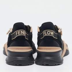 Pre Owned Fendi Black/Beige Mesh And Suede Flow Logo Low Top Sneakers Size 38