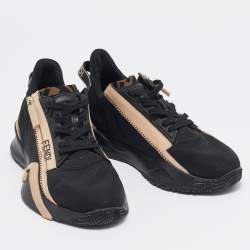 Pre Owned Fendi Black/Beige Mesh And Suede Flow Logo Low Top Sneakers Size 38