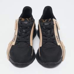 Pre Owned Fendi Black/Beige Mesh And Suede Flow Logo Low Top Sneakers Size 38