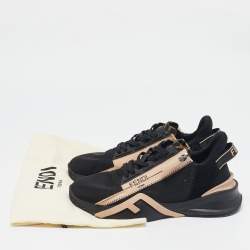 Pre Owned Fendi Black/Beige Mesh And Suede Flow Logo Low Top Sneakers Size 38