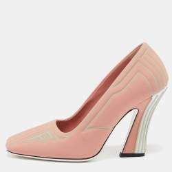 Pre Owned Fendi Peach Pink/Grey Neoprene and Rubber Square Toe FFreedom Pumps Size 38