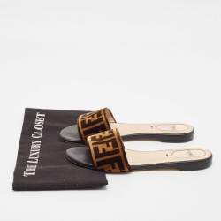Pre Owned Fendi Black/Brown Zucca Velvet Slide Flats Size 37