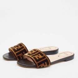 Pre Owned Fendi Black/Brown Zucca Velvet Slide Flats Size 37