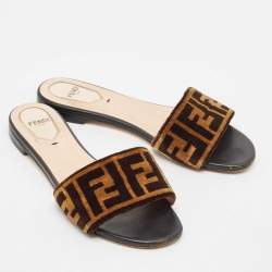 Pre Owned Fendi Black/Brown Zucca Velvet Slide Flats Size 37