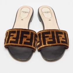 Pre Owned Fendi Black/Brown Zucca Velvet Slide Flats Size 37