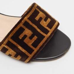 Pre Owned Fendi Black/Brown Zucca Velvet Slide Flats Size 37