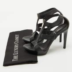 Pre Owned Fendi Black Leather Zipper Strappy Platform Sandals Size 37.5