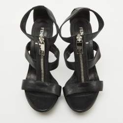 Pre Owned Fendi Black Leather Zipper Strappy Platform Sandals Size 37.5