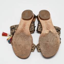 Fendi Tobacco Zucca Canvas and Leather Ankle Strap Flat Sandals Size 37.5