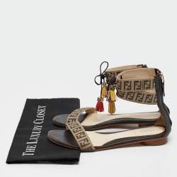 Fendi Tobacco Zucca Canvas and Leather Ankle Strap Flat Sandals Size 37.5