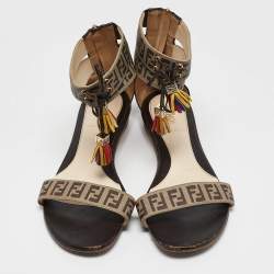Fendi Tobacco Zucca Canvas and Leather Ankle Strap Flat Sandals Size 37.5