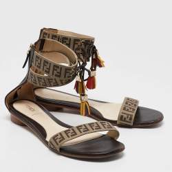Fendi Tobacco Zucca Canvas and Leather Ankle Strap Flat Sandals Size 37.5