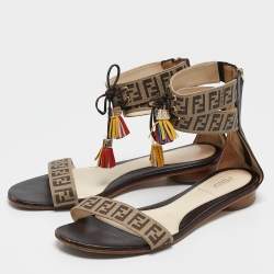 Fendi Tobacco Zucca Canvas and Leather Ankle Strap Flat Sandals Size 37.5