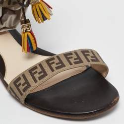 Fendi Tobacco Zucca Canvas and Leather Ankle Strap Flat Sandals Size 37.5