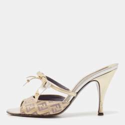 Fendi Yellow/Brown Leather and Zucca Canvas Slide Sandals Size 36.5