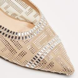 Fendi Beige Mesh Crystal Embellished Colibri Mules Size 38.5