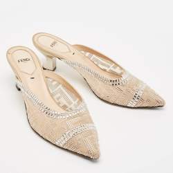 Fendi Beige Mesh Crystal Embellished Colibri Mules Size 38.5