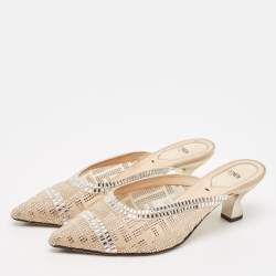 Fendi Beige Mesh Crystal Embellished Colibri Mules Size 38.5