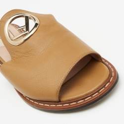 Pre Owned Fendi Brown Leather F Logo Open Toe Flat Mules 37