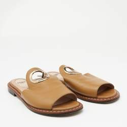 Pre Owned Fendi Brown Leather F Logo Open Toe Flat Mules 37