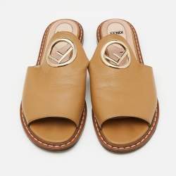 Pre Owned Fendi Brown Leather F Logo Open Toe Flat Mules 37
