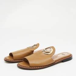 Pre Owned Fendi Brown Leather F Logo Open Toe Flat Mules 37